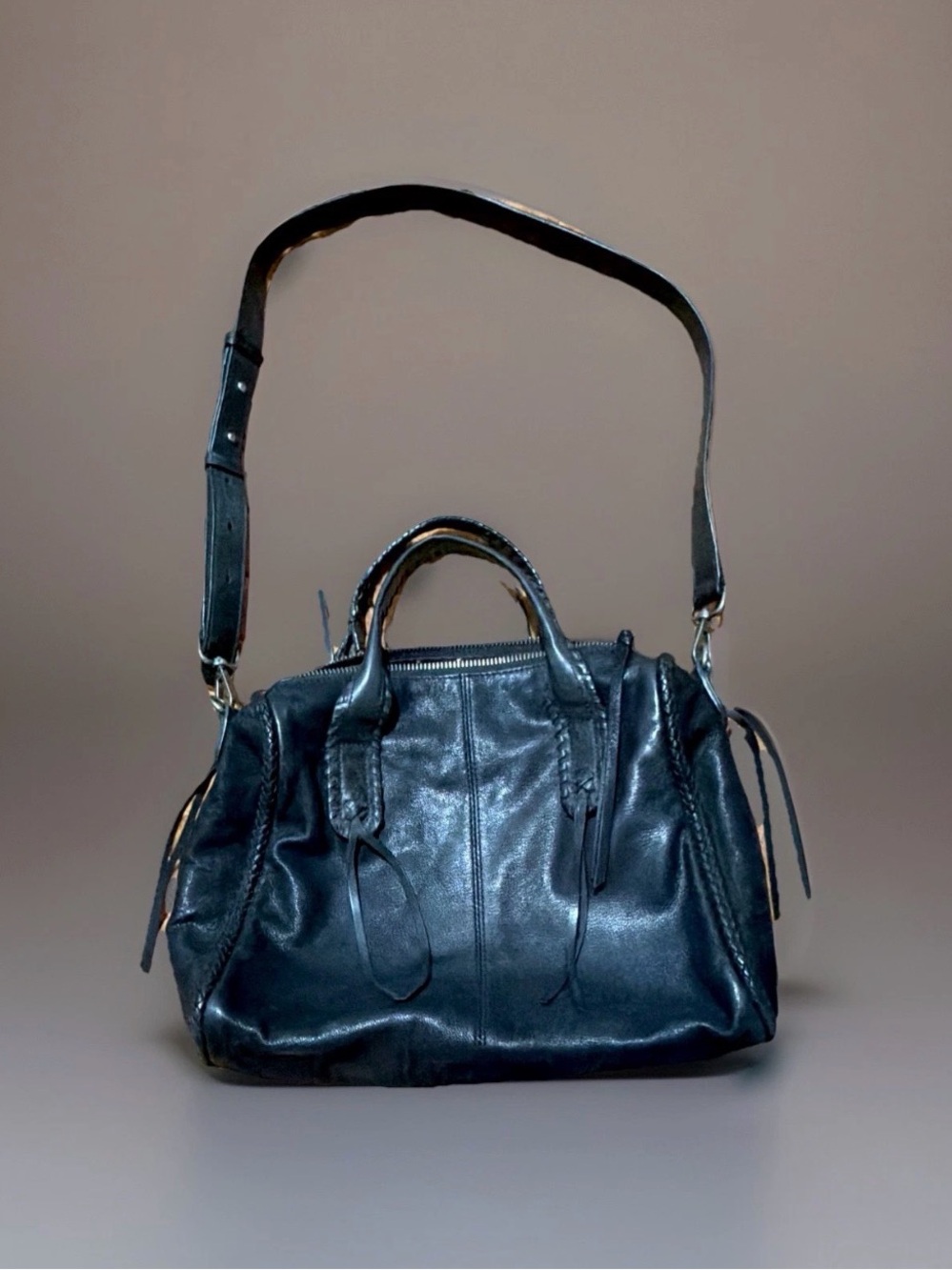 Lucky Brand Black Leather Satchel with Adjustable Strap